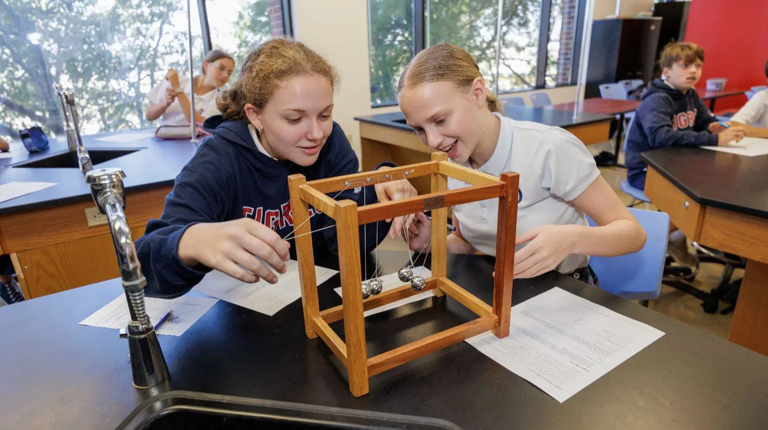 DIS students experimenting with a Newton's Cradle in a science class.